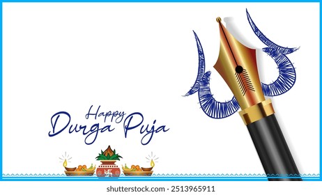 Happy Durga Puja and kalash sthapana for Navratri festival. Creative concept pen trishul and typography design.