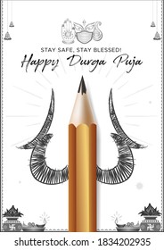 Happy Durga Puja Navratri concept creative with mask, trisul, pencil, typography, festival celebration of India