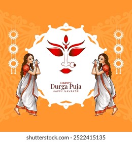 Happy Durga puja and Navratri traditional religious festival greeting card vector