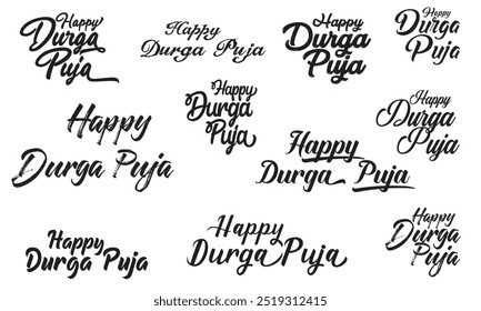  Frase feliz de Durga Puja diciendo texto de cita o letras. Festival de la India. Guión de Vector y tipografía manuscrita cursiva para folletos Anuncio Flyers y camisetas, y diseño de logotipo. EPS 10 