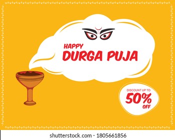 Happy Durga Puja sale banner with goddess durga. 50% off offer, poster of indian festival Puja celebration. vector illustration.