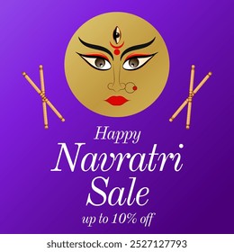 Happy Durga Puja and Sale Promotion. Happy Navratri Sale banner with up 10% off. Indian Hindu festival background of Durga Puja.