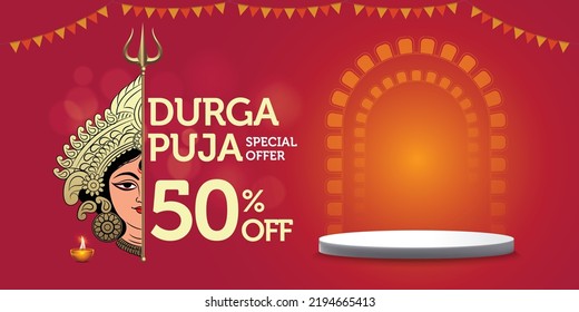 Happy Durga Puja Sale special offer banner template with festive elements