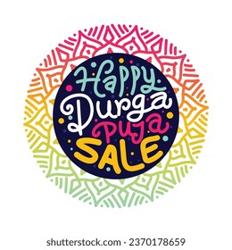 Happy Durga Puja sale template with colorful typography design for Indian traditional festival . Vector Hand drawn lettering template, poster, banner, greeting card with celebration elements.