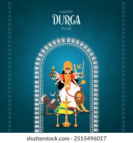 Happy Durga Puja Subh Navratri Projeto de fundo religioso indiano.  Puja Durga criativo banner design de fundo com deusa Durga face ilustração indian festival