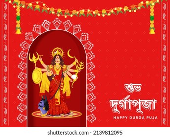 Happy Durga Puja Text Written In Bengali Language With Hindu Mythology Goddess Durga Maa, Lighting And Floral Garland On Red Background.