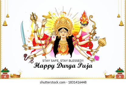 Happy Durga Puja, typography, Navratri Festival celebration of India and colorful decoration