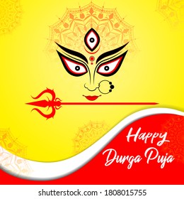 Feliz Durga Puja de fondo de ilustración vectorial con los ojos de la diosa Durga y trishul.