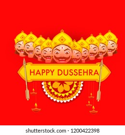 Happy Dussehra Background Design With Ten Heads Ravana.