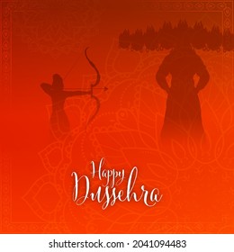 Happy Dussehra Calligraphy With Silhouette Lord Rama Targeting To Demon Ravana On Red Mandala Pattern Background.