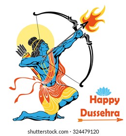 Happy Dussehra card.Lord Rama with bow and arrow killing Ravana .Holyday background.Vector