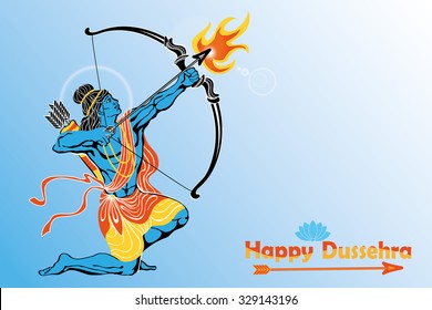 Happy Dussehra card.Lord Rama with bow and arrow killing Ravana. Holiday background.Horizontal Vector