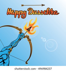 Happy Dussehra card.Vector.Lord Rama arm with bow and arrow and fire killing Ravana.Holyday background.Handwtiting Lettering title