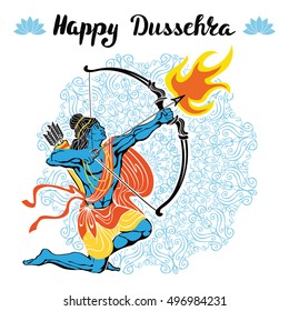 Happy Dussehra card.Vector.Lord Rama  with bow and arrow and fire killing Ravana.Holyday mandala background.Handwtiting Lettering title. Indian holliday