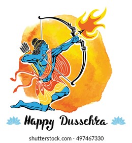 Happy Dussehra card.Vector.Lord Rama  with bow and arrow and fire killing Ravana.Holyday Watercolor splash background.Handwtiting Lettering title. Indian holliday