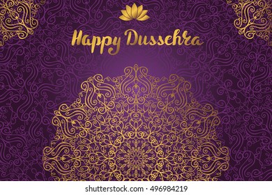 Happy Dussehra card.Vector.Mandala pattern background.Holyday ornamental decor.Handwtiting Lettering title. Indian holliday