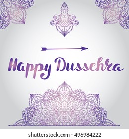 Happy Dussehra card.Vector.Mandala pattern background.Holyday ornamental decor.Handwtiting Lettering title. Indian holliday