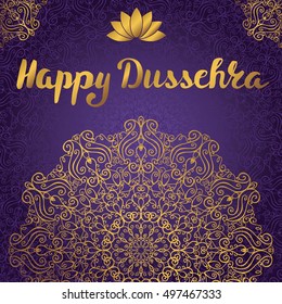 Happy Dussehra card.Vector.Mandala pattern background.Holyday ornamental decor.Handwtiting Lettering title. Indian holliday