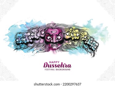 Happy Dussehra Celebration Angry Ravan With Ten Heads Card Sketch Background	