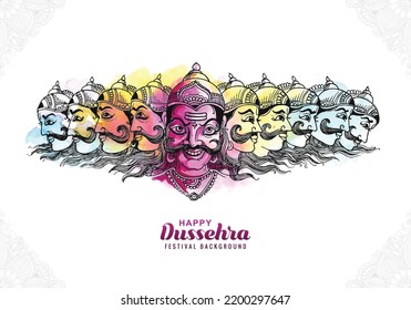 Happy Dussehra Celebration Angry Ravan With Ten Heads Card Sketch Background	