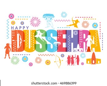 Happy Dussehra celebration background with different elements, Can be used as Poster, Banner or Flyer design for Indian Festival concept.