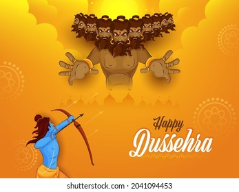 Happy Dussehra Celebration Background With Lord Rama Taking Aim To Demon Ravana Illustration.