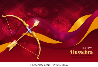 Happy Dussehra celebration banner or poster with gold bow and arrow over a rich red background with decorations, pattern and wafting ribbon, vector illustration