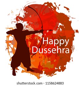 Happy Dussehra celebration card for Indian Festival. Gold Lord Rama taking aim with bow and arrow, killing Ravana. Hand drawn Vector illustration.