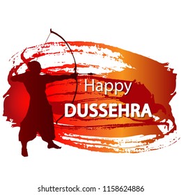 Happy Dussehra celebration card for Indian Festival. Gold Lord Rama taking aim with bow and arrow, killing Ravana. Hand drawn Vector illustration.