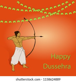 Happy Dussehra celebration card for Indian Festival. Gold Lord Rama taking aim with bow and arrow, killing Ravana. Hand drawn Vector illustration.