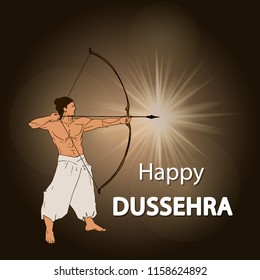 Happy Dussehra celebration card for Indian Festival. Gold Lord Rama taking aim with bow and arrow, killing Ravana. Hand drawn Vector illustration.