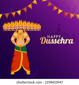 Happy Dussehra Celebration Concept With Hindu Mythology Demon Ravana Standing And Bunting Flags On Purple Silhouette Ayodhya Background.