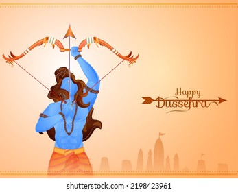 Happy Dussehra Celebration Concept With Hindu Mythology Lord Rama Taking An Aim On Pastel Orange Silhouette Ayodhya View Background.