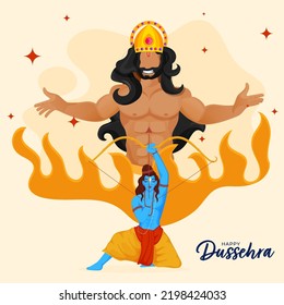Happy Dussehra Celebration Concept With Hindu Mythological Lord Rama Killing Demon Ravana Against Background.