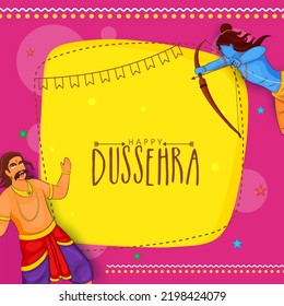 Happy Dussehra Celebration Concept With Hindu Mythology Lord Rama Targeting To Demon Ravana On Pink And Yellow Background.