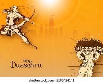 Happy Dussehra Celebration Concept With Hindu Mythology Lord Rama Targeting To Demon Ravana And Sunshine On Orange Silhouette Ayodhya Background.