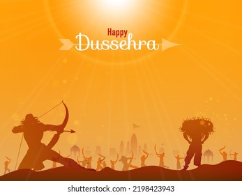 Feliz Concepto De Celebración De Dussehra Con Lord Rama Apuntando Contra Demon Ravana A La Vista Del Campo De Batalla Sunshine.