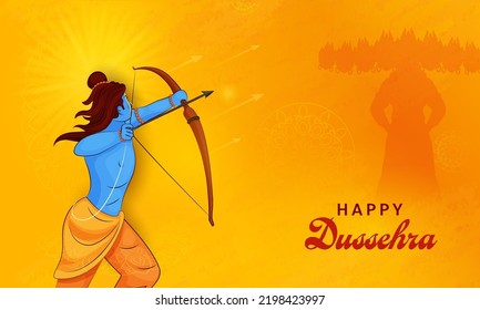 Happy Dussehra Celebration Concept With Lord Rama Killing Demon Ravana On Orange Background.