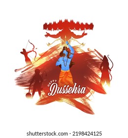 Happy Dussehra Celebration Concept With Lord Rama Taking An Aim, Silhouette Demon Ravana, Lakshman, Hanuman And Red Brush Effect On White Background.