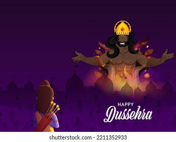 Happy Dussehra Celebration Concept With Lord Rama Killing Demon Ravana And Ayodhya View On Purple Battle Ground Background.