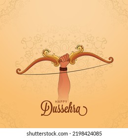 Happy Dussehra Celebration Greeting Card With Lord Rama Hand Holding Bow On Pastel Orange Mandala Background.