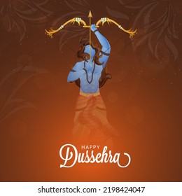 Happy Dussehra Celebration Poster Design With Hindu Mythology Lord Rama Holding Bow And Arrow Against Burnt Brown Background.