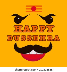 Happy Dussehra celebrations concept with angry Ravana face on yellow background, can be use as poster or banner. 