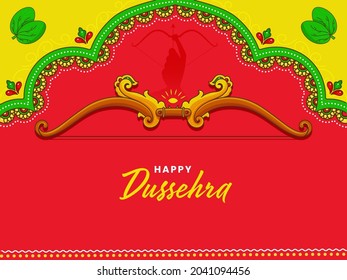 Fröhliches Dussehra-Konzept mit Bow-Waffen von Lord Rama, Apta-Blätter auf rotem und grünem Hintergrund.