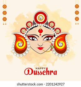 Happy Dussehra Concept With Goddess Durga Face And Yellow Watercolor Effect On White Background.