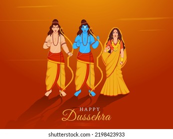 Happy Dussehra Konzept mit Hindumythologie Lord Rama, Seiner Frau (Sita), Little Brother (Lakshman) auf orangefarbenem Hintergrund.