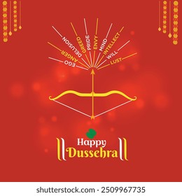 Feliz Dussehra Creative Typography Cartas com Arrow. Dasara, Navratri, Vijayadashami, Deusa Durga. Festivais indianos BG