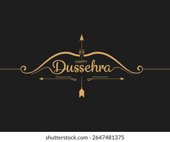 Feliz Dussehra Elegante arco dourado e seta no fundo preto Vetor