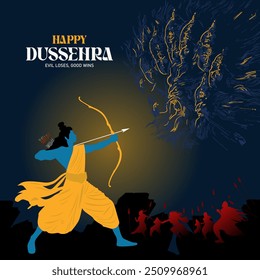 Feliz Dussehra, o mal perde, Good Wins ilustração tipográfica de Lord Rama matando Ravana em Dussehra, Vijayadashami.