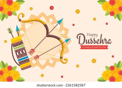 Happy Dussehra festival background. Dussehra celebration. October 24. Celebrate Vijayadashami festival. Cartoon Vector illustration. Poster, Banner, Greeting Card, Template. Creative social media post
